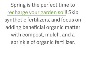 Spring is the perfect time to recharge your garden soil! Skip synthetic fertilizers, and focus on adding beneficial organic matter with compost, mulch, and a sprinkle of organic fertilizer.