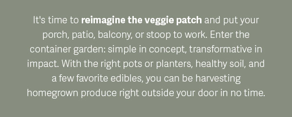 It's time to reimagine the veggie patch and put your porch, patio, balcony, or stoop to work. Enter the container garden: simple in concept, transformative in impact. With the right pots or planters, healthy soil, and a few favorite edibles, you can be harvesting homegrown produce right outside your door in no time.
