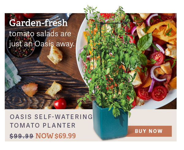 Garden-fresh tomato salads are just an Oasis away. | Oasis Self-Watering Tomato Planter $99.99 NOW $69.99 - BUY NOW