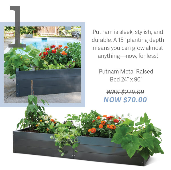 1) Putnam is sleek, stylish, and durable. A 15" planting depth means you can grow almost anything - now, for less! Putnam Metal Raised bed 24" x 90" WAS $279.99 NOW $70.00