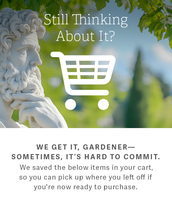 Still Thinking About It? We get it, gardener - sometimes, it's hard to commit. We saved the below items in your cart, so you can pick up where you left off if you're now ready to purchase.