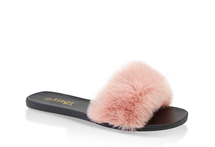 Faux Fur Strap Slide Sandals