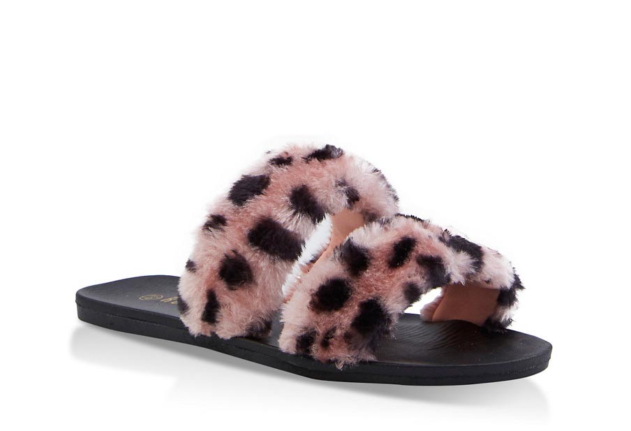 Double Strap Faux Fur Slide Sandals