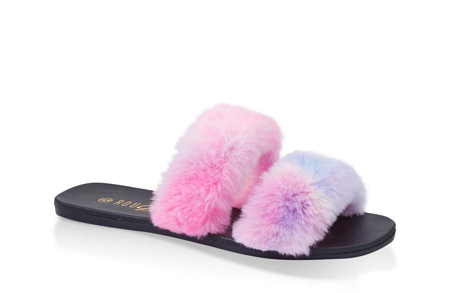 Two Band Faux Fur Slide Sandals