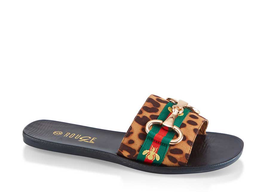 Striped Tape Horsebit Slide Sandals