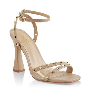 Studded Ankle Strap Flare Heel Sandals