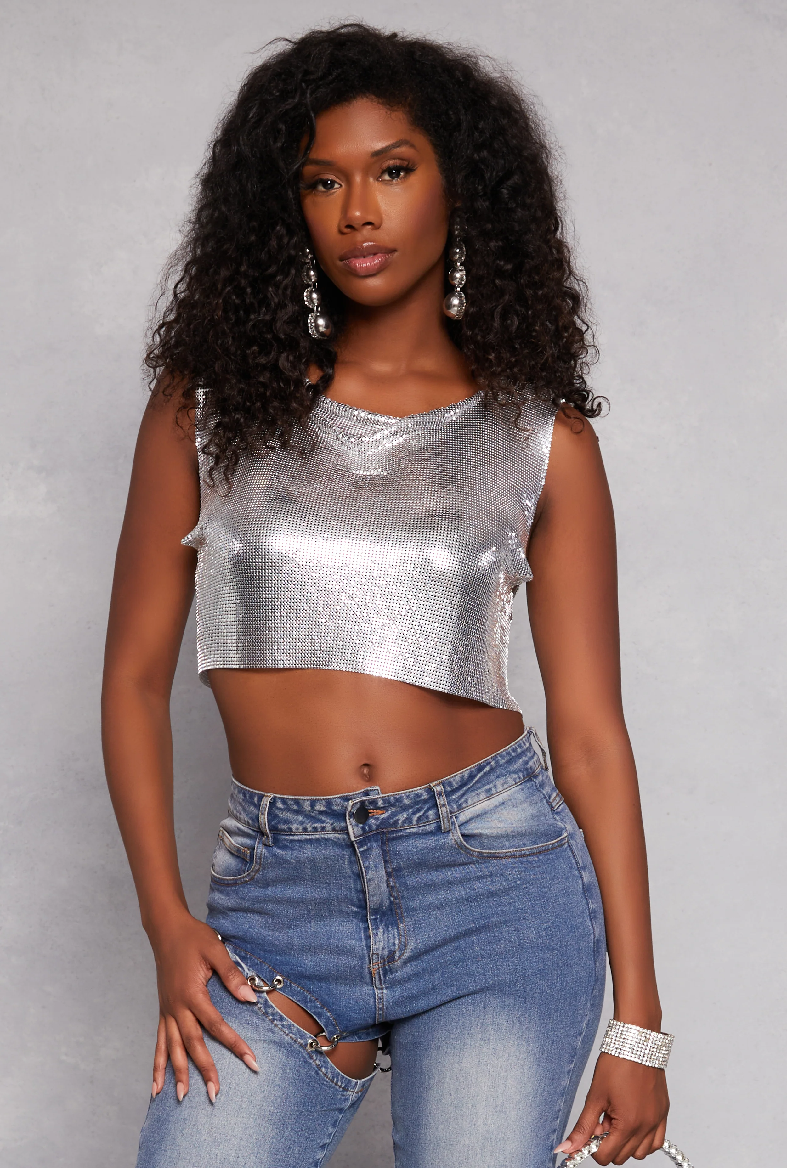 Metallic Cowl Neck Crop Top