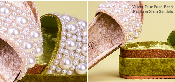 Velvet Faux Pearl Band Platform Slide Sandals