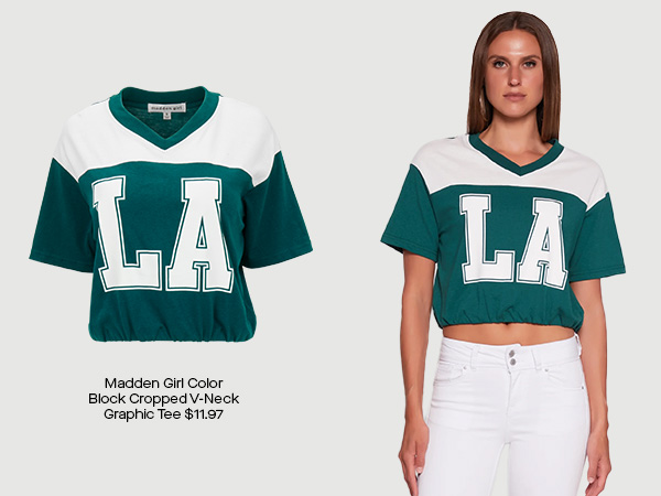 Madden Girl Color Block Cropped V-Neck Graphic Tee