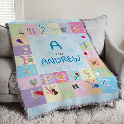 Personalized Blue Alphabet Baby 50x60 Afghan Throw