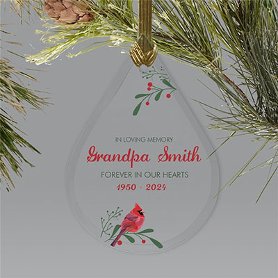 Personalized In Loving Memory Cardinal Tear Drop Glass Ornament