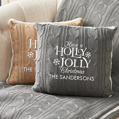 Embroidered Holly Jolly Christmas Cable Knit Throw Pillow