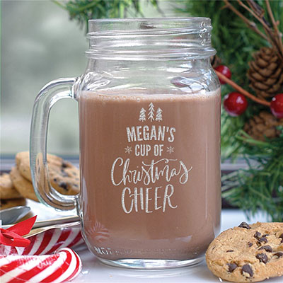 Engraved Cup of Cheer Mason Jar