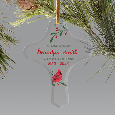 Personalized In Loving Memory Cardinal Glass Cross Ornament