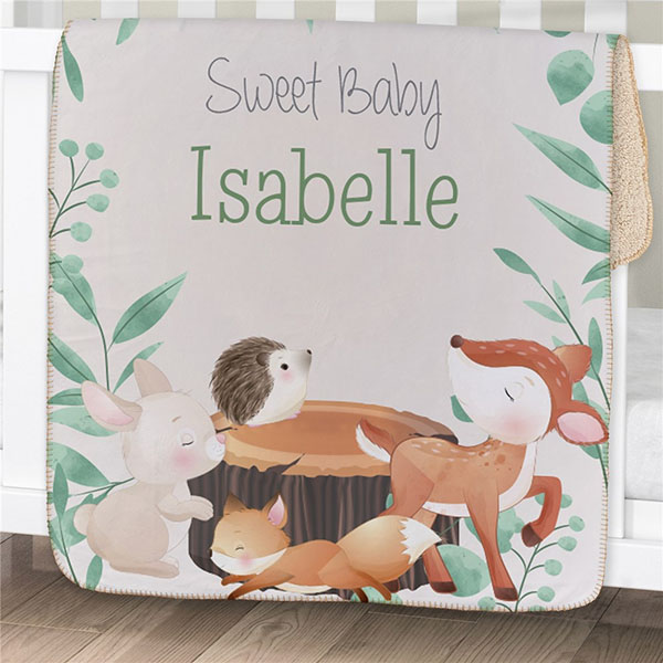 Personalized Woodland with Name Baby Sherpa Blanket