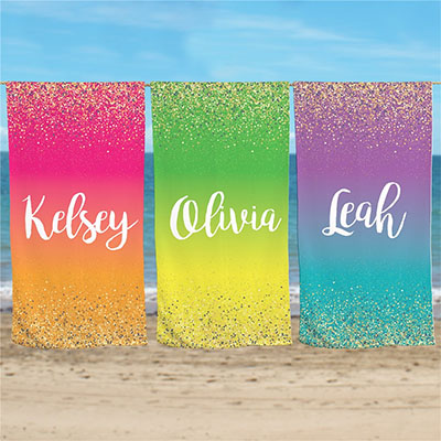 Personalized Gradient And Glitter Beach Towel