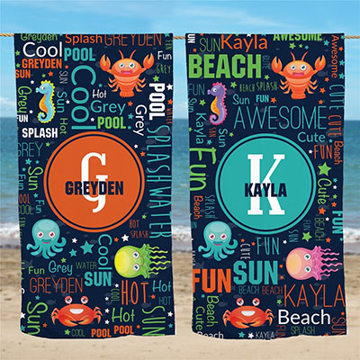 Personalized Sea Creature Word Art Beach Towel