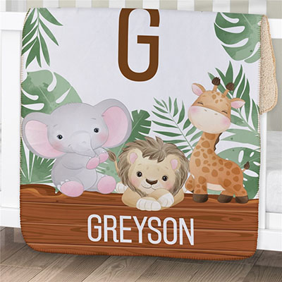 Personalized Safari Initial & Name Baby Sherpa Blanket