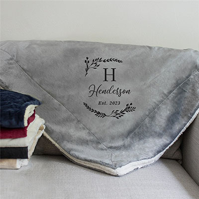 Embroidered Family Name Initial Wreath Sherpa Blanket