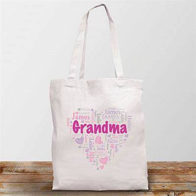 Personalized Grandma's Heart Word Art White Tote Bag