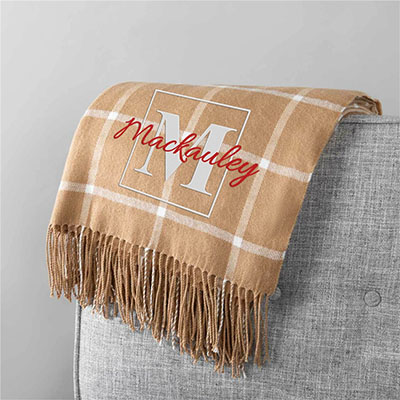 Embroidered Family Name Windowpane Throw Blanket