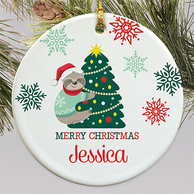 Personalized Sloth Christmas Tree Round Ornament