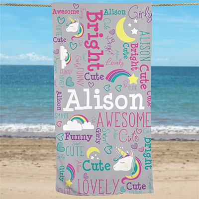 Word Art Personalized Unicorn Beach Towel