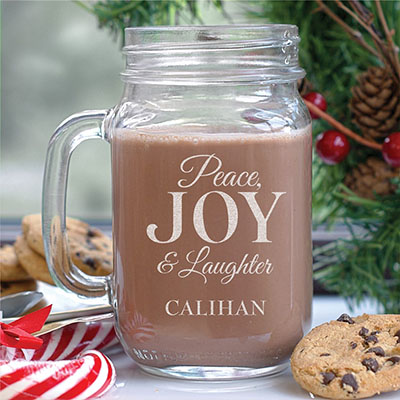 Engraved Peace Joy & Laughter Mason Jar