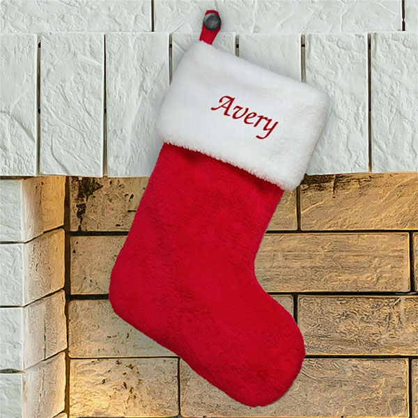 Red Plush Embroidered Christmas Stocking