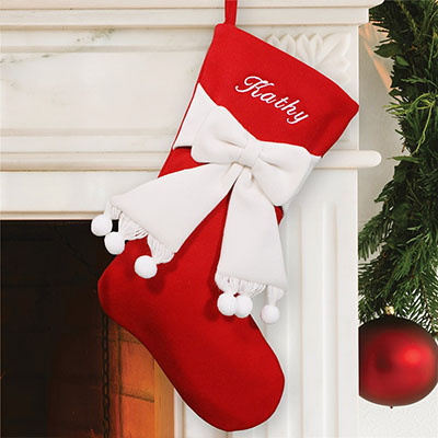 Embroidered Red and Ivory Bow Christmas Stocking