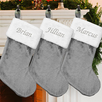 Embroidered Gray Plush Stocking