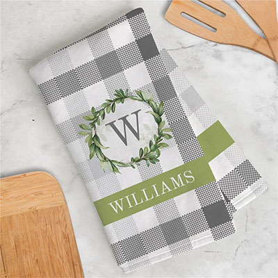 Personalized Eucalyptus Wreath on Plaid Dish Towel