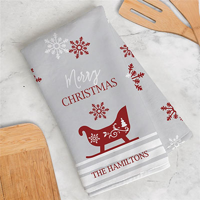 Personalized Merry Christmas Sleigh Dish Towel