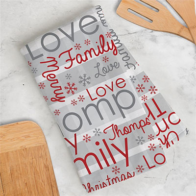 Personalized Gray Plaid Holiday Word Art Dish Towel