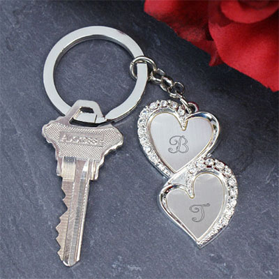 Engraved Double Heart Key Chain