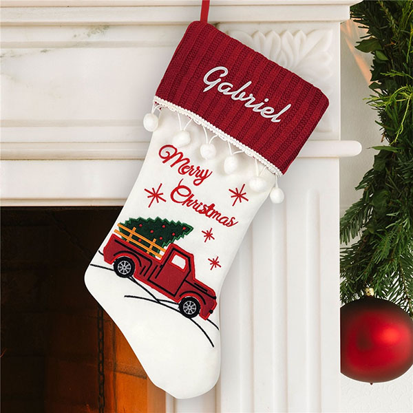 Embroidered Red Truck Pom Pom Stocking