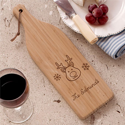 Engraved Christmas Icons Wine Bottle Cutting Board