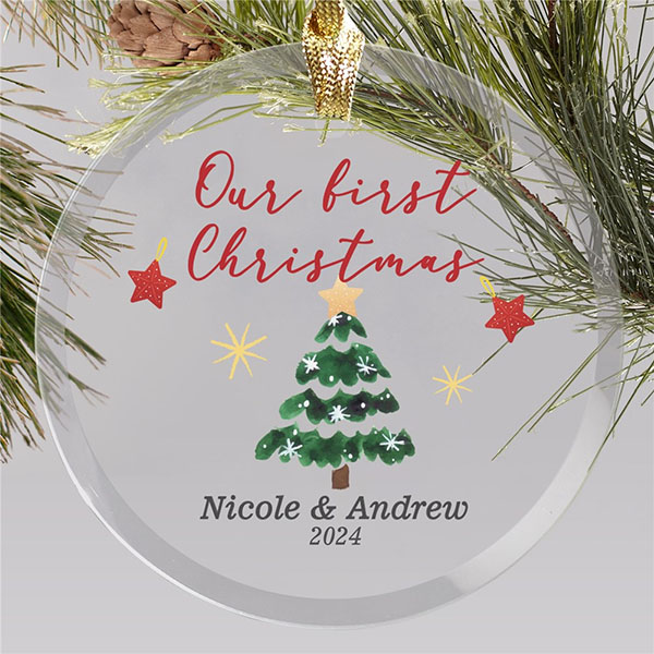 Personalized Our First Christmas with Tree Round Glass Ornament