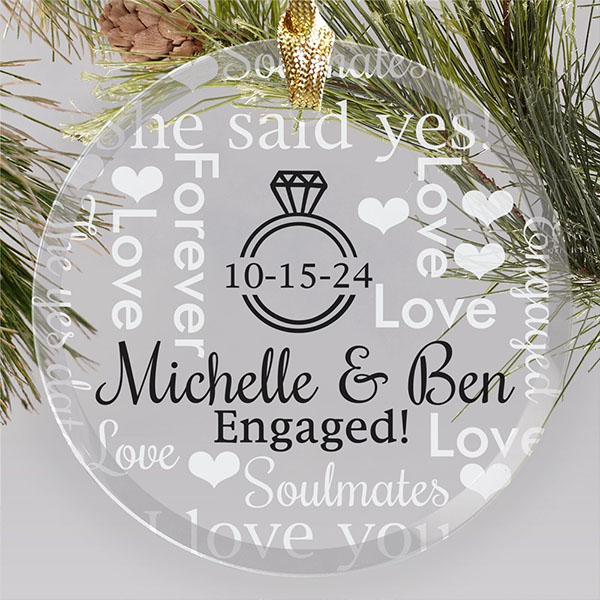 The Yes Date Word Art Round Glass Personalized Engagement Ornament