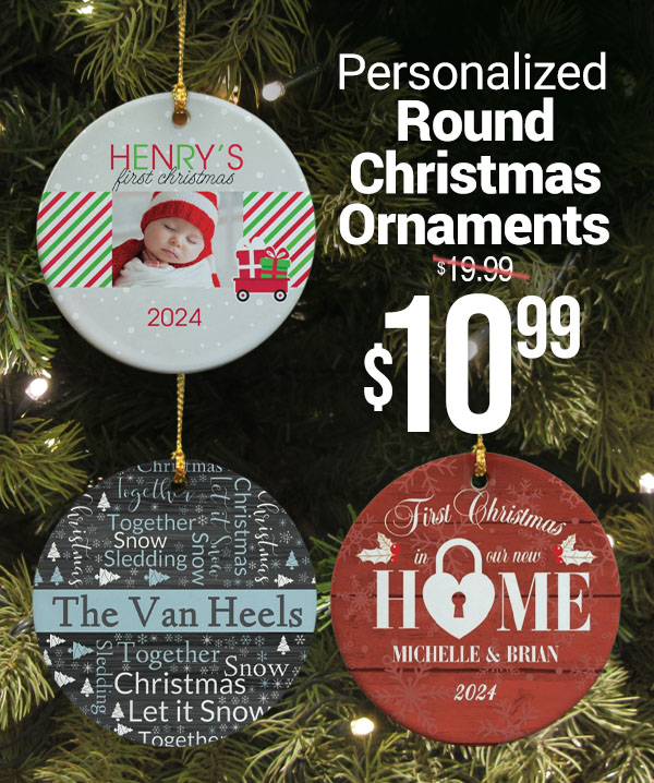 $10.99 Personalized Round Christmas Ornaments – No Code Needed!