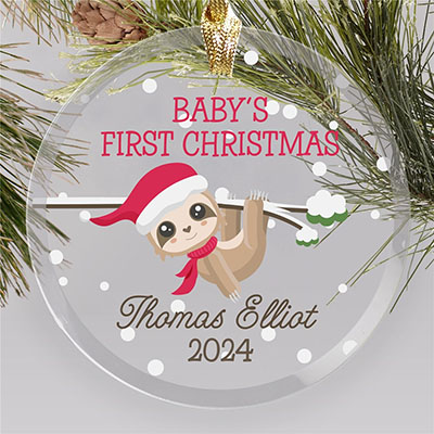 Baby Sloth First Christmas Round Glass Ornament