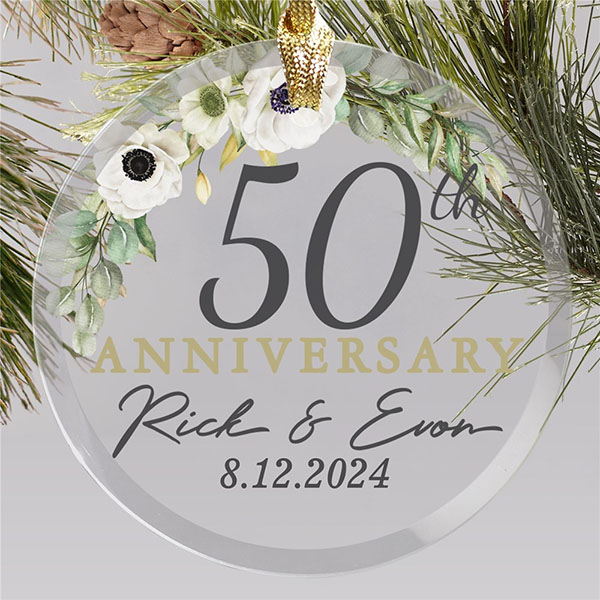 Anniversary Floral Round Glass Ornament