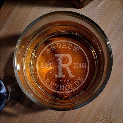 Circle Initial Whiskey Rocks Glass With Bottom Engraving