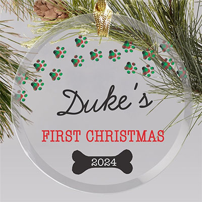 Personalized Plaid Paws 1st Christmas Round Glass Ornament