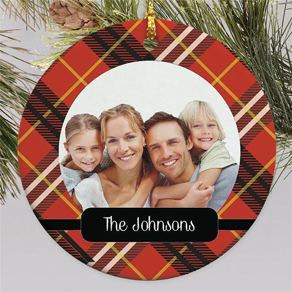 Plaid Ceramic Personalized Christmas Ornament