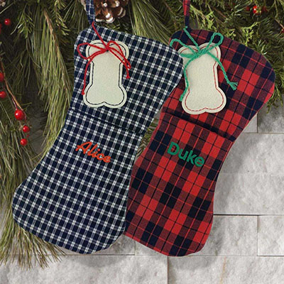 Embroidered Name Plaid Bone Stocking