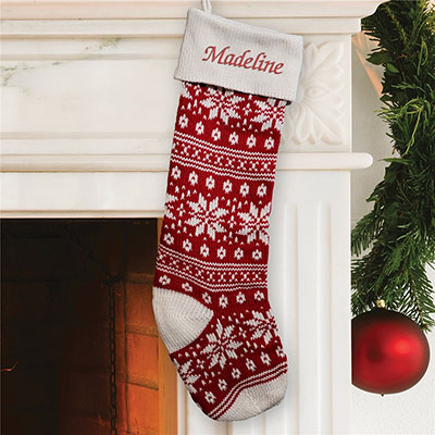 Embroidered Red Snowflake Knit Stocking