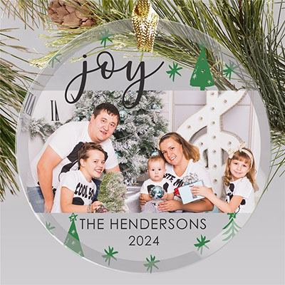 Personalized Joy Christmas Trees Round Glass Ornament