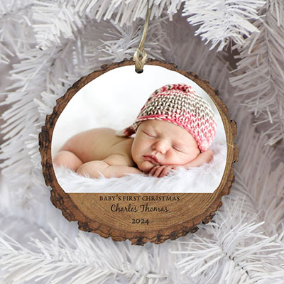 Baby's First Christmas Photo Wood Ornament