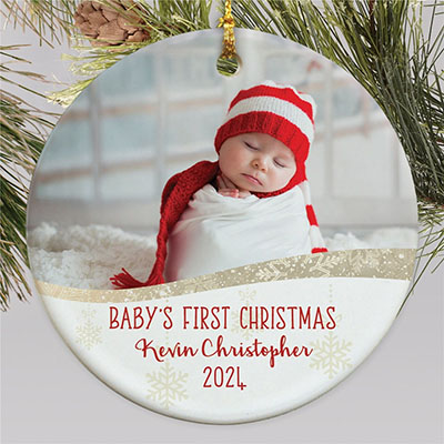 Personalized Baby's First Christmas White Snowflake Photo Ornament